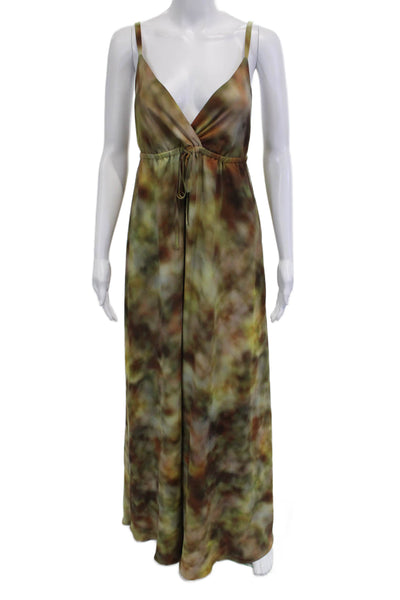 L'Agence Women Maxi Slip Dress Brown Camo V-Neck Drawstring Size M