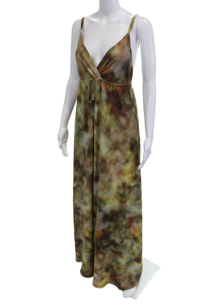 L'Agence Women Maxi Slip Dress Brown Camo V-Neck Drawstring Size M