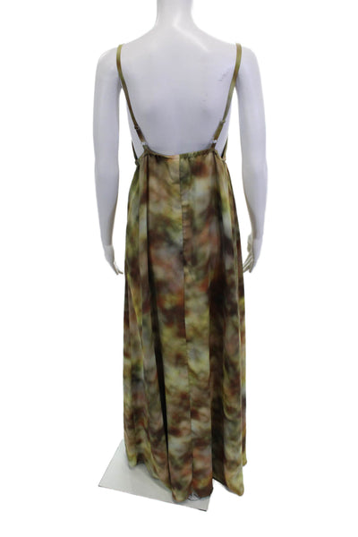 L'Agence Women Maxi Slip Dress Brown Camo V-Neck Drawstring Size M