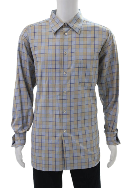 Ermenegildo Zegna Mens Geometric Print Pocketed Button Down Shirt Blue Size 1X