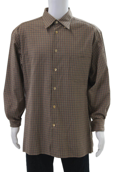 Ermenegildo Zegna Mens Cotton Geometric Print Button Down Shirt Brown Size 1X