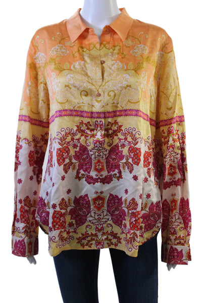Robert Graham Women Paisley Orange Button-Up Cotton Silk Blouse Size L