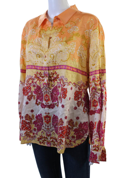 Robert Graham Women Paisley Orange Button-Up Cotton Silk Blouse Size L