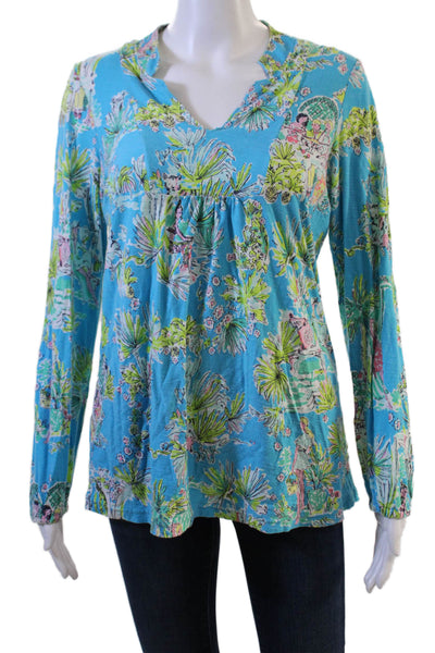 Lilly Pulitzer Women Graphic Jersey Tunic Blouse Blue V-Neck Long Sleeve Size M