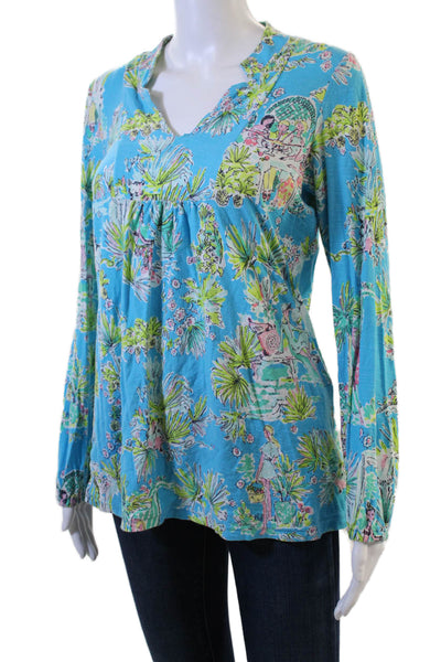 Lilly Pulitzer Women Graphic Jersey Tunic Blouse Blue V-Neck Long Sleeve Size M