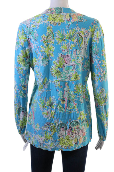 Lilly Pulitzer Women Graphic Jersey Tunic Blouse Blue V-Neck Long Sleeve Size M