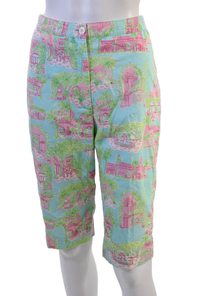 Lilly Pulitzer Unisex Bermuda Shorts Light Blue Graphic Cotton Button Size 6