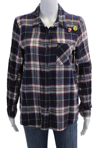 Sojara Women Collared Plaid Button-Up Dark Blue Long Sleeve Size S