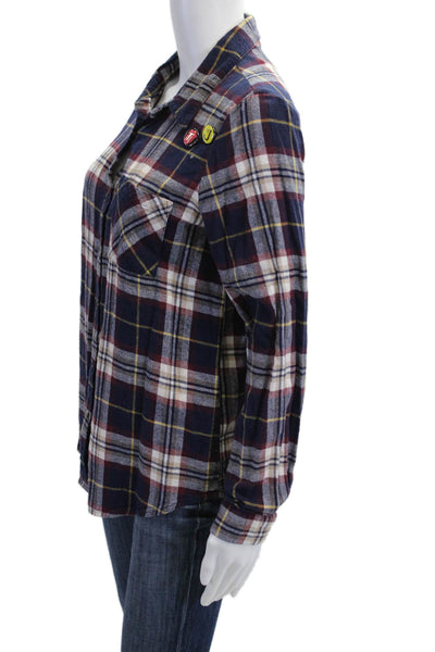 Sojara Women Collared Plaid Button-Up Dark Blue Long Sleeve Size S