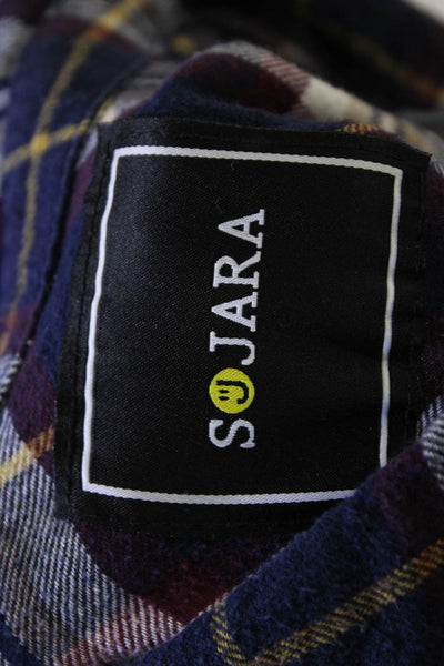 Sojara Women Collared Plaid Button-Up Dark Blue Long Sleeve Size S