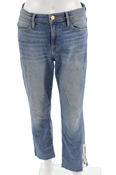 Frame Denim Women Cropped Straight Jeans Blue Mid-Rise Button Size 28