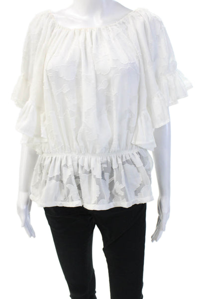 Gracia Womens Bohemian Floral White Round Neck Short Sleeve Blouse Size L