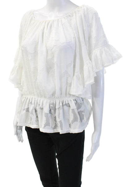 Gracia Womens Bohemian Floral White Round Neck Short Sleeve Blouse Size L