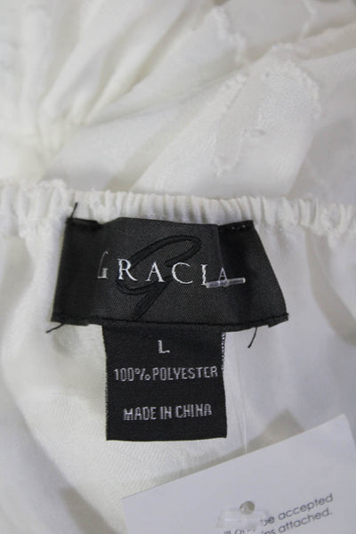 Gracia Womens Bohemian Floral White Round Neck Short Sleeve Blouse Size L