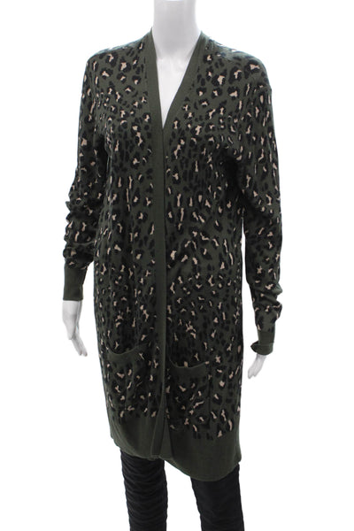 Theo & Spence Women Green Animal Print V-Neck Rayon Cardigan Long Sleeve Size M