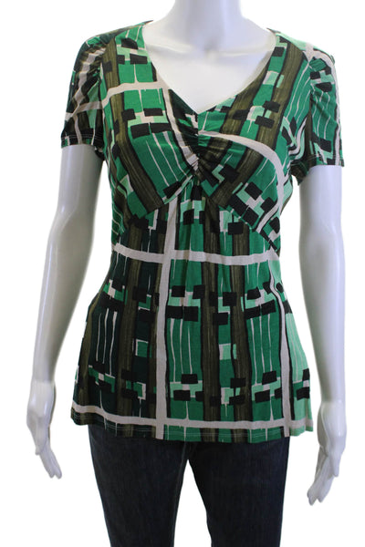 Weekend Max Mara Women Jersey Tunic V-Neck Green Geometric Short Sleeve Size L