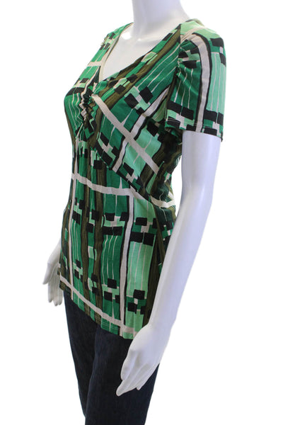 Weekend Max Mara Women Jersey Tunic V-Neck Green Geometric Short Sleeve Size L