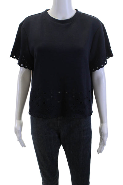 Elie Tahari Women Cropped Short Sleeve T-Shirt Dark Blue Crew Neck Size M