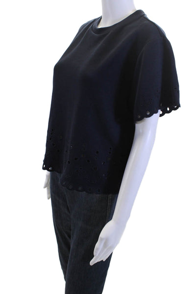 Elie Tahari Women Cropped Short Sleeve T-Shirt Dark Blue Crew Neck Size M