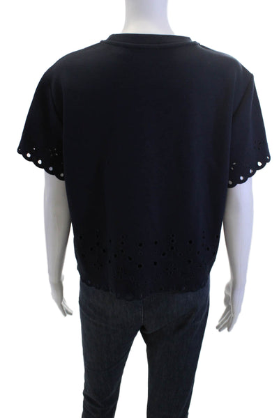 Elie Tahari Women Cropped Short Sleeve T-Shirt Dark Blue Crew Neck Size M