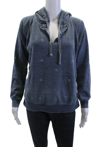 Vintage Havana Women Henley Hoodie Dark Blue Stars Drawstring L/S Size S