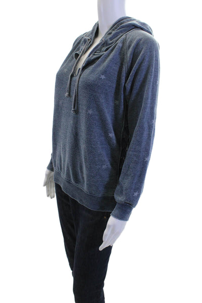 Vintage Havana Women Henley Hoodie Dark Blue Stars Drawstring L/S Size S
