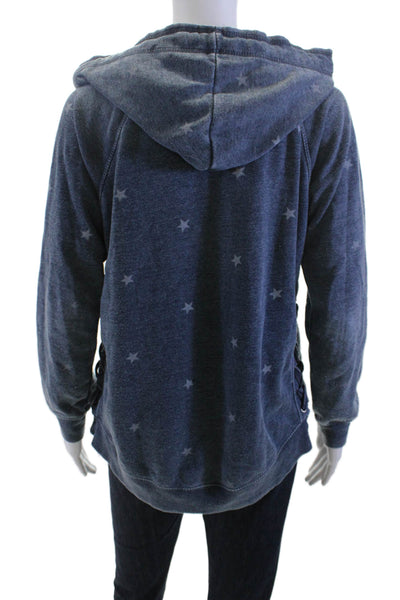 Vintage Havana Women Henley Hoodie Dark Blue Stars Drawstring L/S Size S