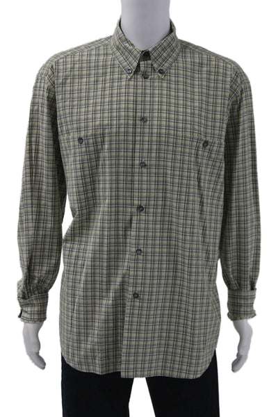 Ermenegildo Zegna Mens Cotton Collared Plaid Button Down Shirt Green Size 1X