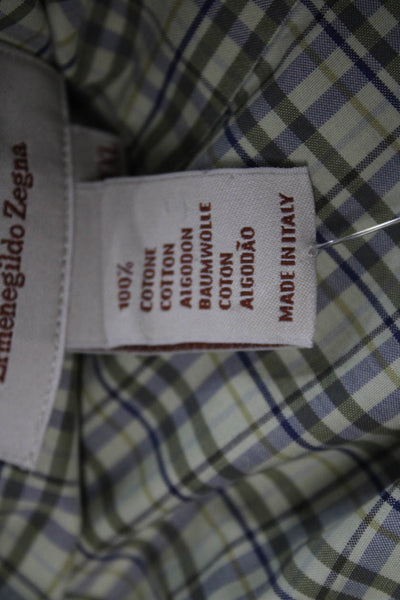 Ermenegildo Zegna Mens Cotton Collared Plaid Button Down Shirt Green Size 1X