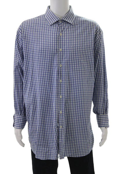 Peter Millar Mens Cotton Collared Gingham Print Button Down Shirt Blue Size 1X