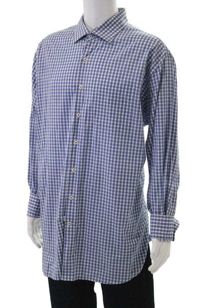 Peter Millar Mens Cotton Collared Gingham Print Button Down Shirt Blue Size 1X