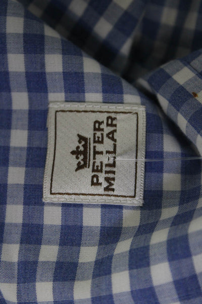 Peter Millar Mens Cotton Collared Gingham Print Button Down Shirt Blue Size 1X