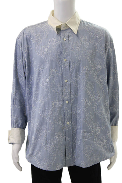 Faconnable Mens Cotton Embroidered Collared Button Down Shirt Blue Size XL