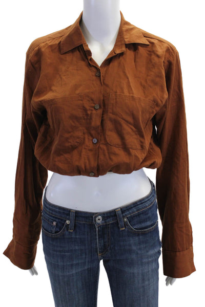 Stillwater Women Cropped Button-Up Long Sleeve Cotton Top Brown Size XS