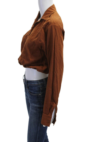 Stillwater Women Cropped Button-Up Long Sleeve Cotton Top Brown Size XS