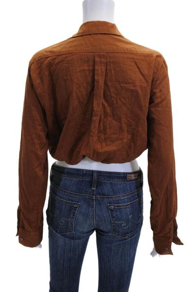 Stillwater Women Cropped Button-Up Long Sleeve Cotton Top Brown Size XS
