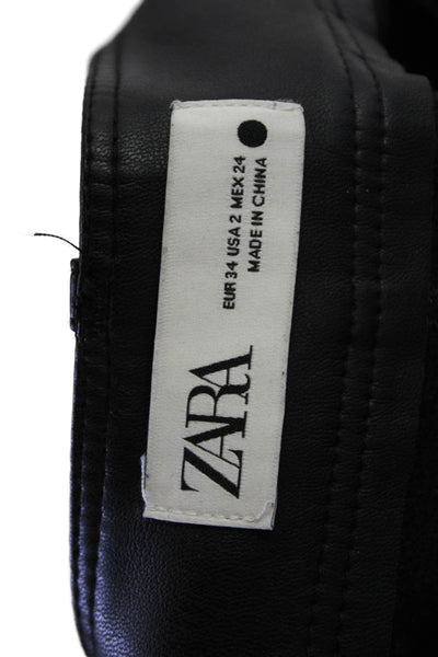Zara Women Cropped Biker Pants Black 100% Polyurethane Button Size 2