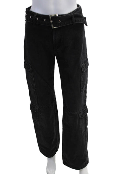 Zara Unisex Black Cargo Pants High Rise 100% Cotton Buckle Size 2