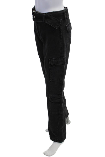 Zara Unisex Black Cargo Pants High Rise 100% Cotton Buckle Size 2