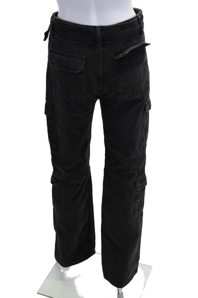 Zara Unisex Black Cargo Pants High Rise 100% Cotton Buckle Size 2