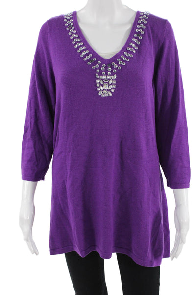 Iman, Women, Purple V-Neck Pullover 3/4 Sleeve Cashmere Blend Size L