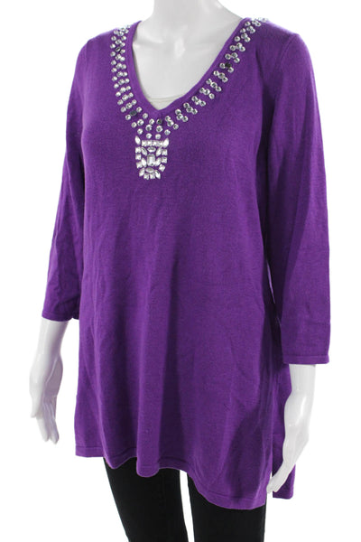 Iman, Women, Purple V-Neck Pullover 3/4 Sleeve Cashmere Blend Size L
