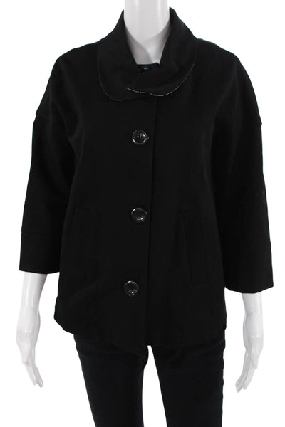 Luii Women Black Collared Button Jacket 3/4 Sleeve Classic Size L