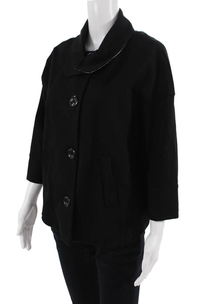 Luii Women Black Collared Button Jacket 3/4 Sleeve Classic Size L