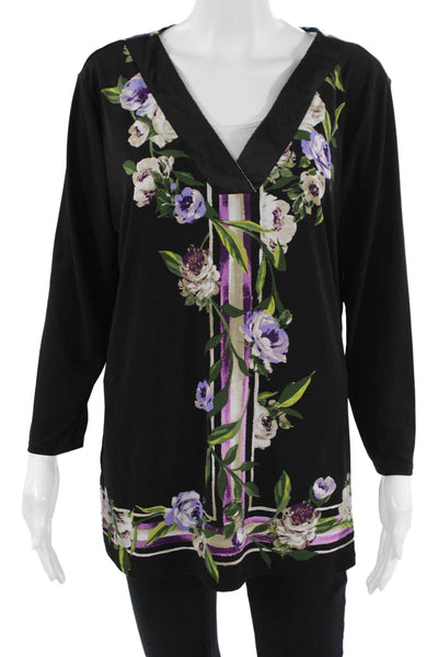 JM Collection Women Tunic Blouse Black V-Neck Floral Long Sleeve Size L