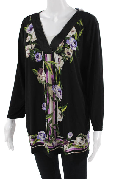 JM Collection Women Tunic Blouse Black V-Neck Floral Long Sleeve Size L