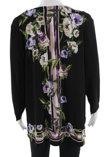 JM Collection Women Tunic Blouse Black V-Neck Floral Long Sleeve Size L