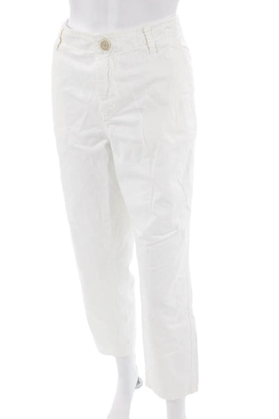 Zara Women White Cropped Ankle Cotton Pants Button Closure Size 8