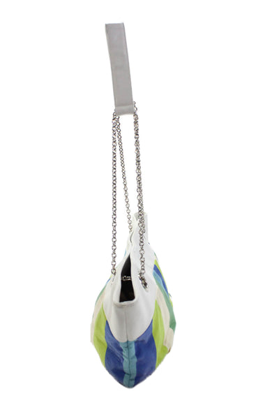 Rodo Womens Satin Striped Chain Strap Detail Shoulder Bag Blue