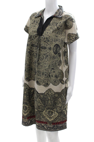 Etro, Women Kaftan Shirt Dress Beige Paisley Cotton Blend Collared Size 46
